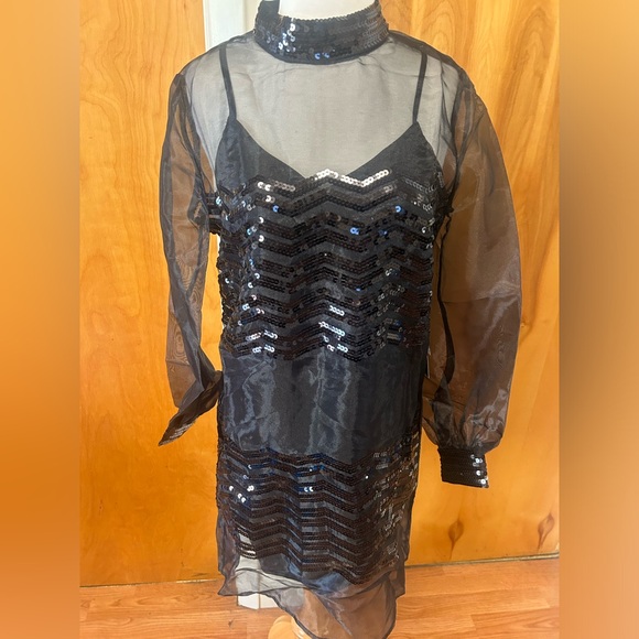 ModCloth black sequin and chiffon mock neck dress with a slip size small - Picture 1 of 5